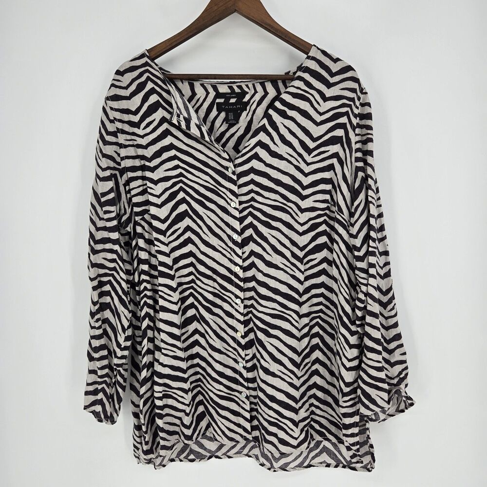 Tahari 100% Linen Boho Artsy Top Zebra Long Sleeve